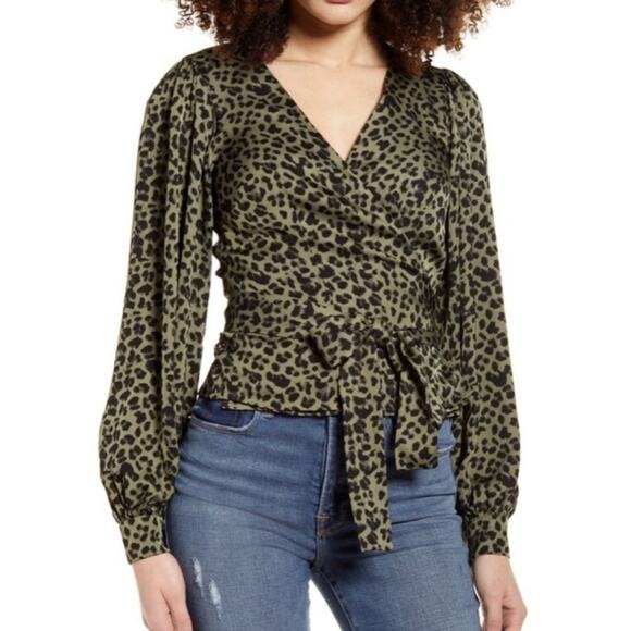 Good American Sage Leopard Wrap Top Balloon Long Sleeve Green Black Size 1 = S - Picture 1 of 15